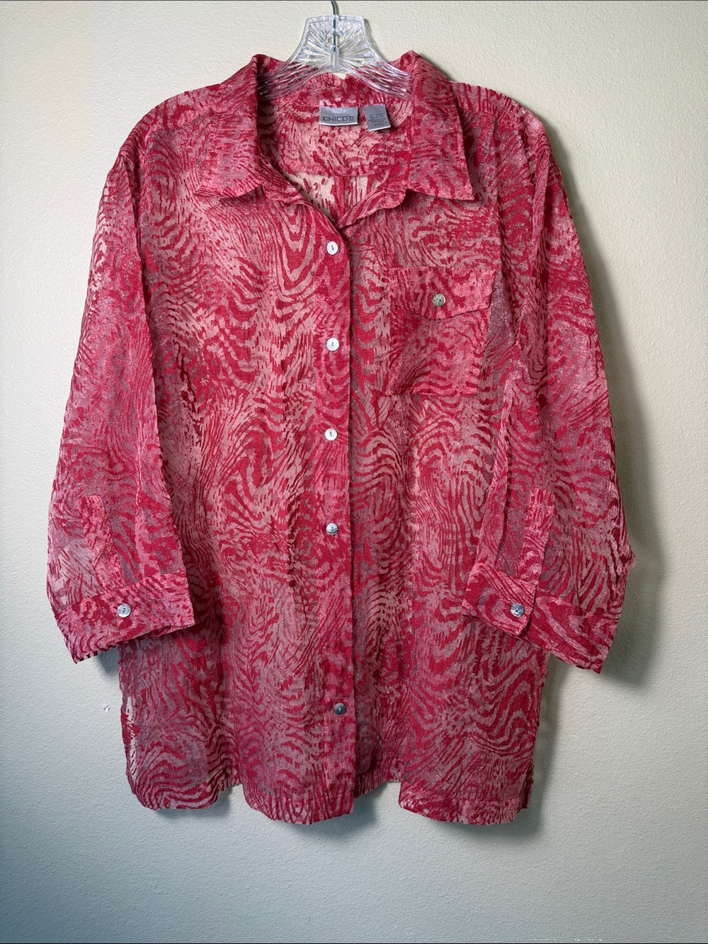 Chico's Red Printed Sheer Button-Down Blouse